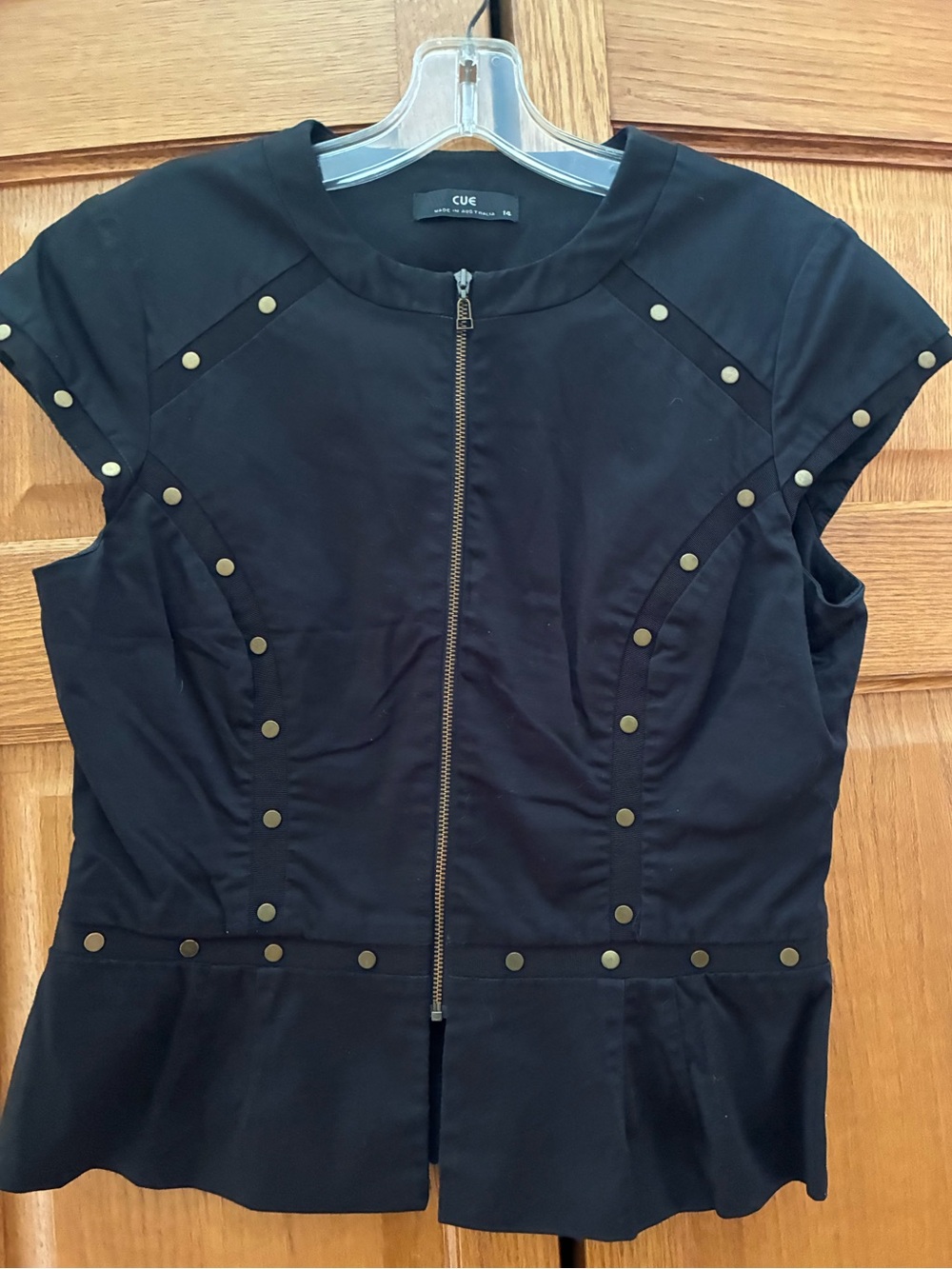 Cue Black Short-Sleeve Zip-Front Top with Bronze Studs